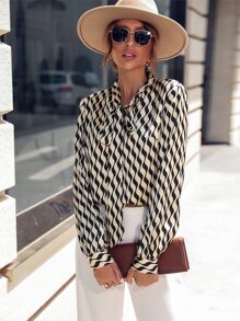 SHEIN LUNE Áo sơ mi nữ Thắt nơ trước Tất cả trên in Giải trí - Màu be - Xem 3