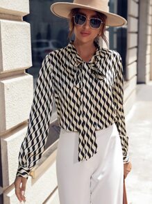 SHEIN LUNE Áo sơ mi nữ Thắt nơ trước Tất cả trên in Giải trí - Màu be - Xem 4