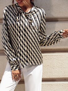 SHEIN LUNE Áo sơ mi nữ Thắt nơ trước Tất cả trên in Giải trí - Màu be - Xem 6