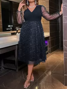 SHEIN Clasi 大碼V領拼接網紗洋裝 - 藏蓝色 - 查看 1