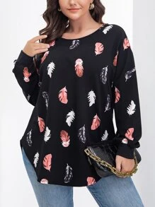 SHEIN LUNE Plus Feather Print Crisscross Back Drop Shoulder Tee - Black - View 4