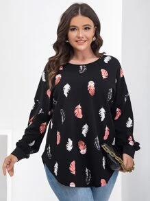 SHEIN LUNE Plus Feather Print Crisscross Back Drop Shoulder Tee - Black - View 3