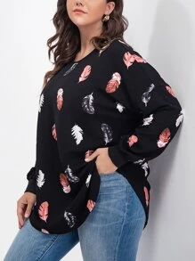 SHEIN LUNE Plus Feather Print Crisscross Back Drop Shoulder Tee - Black - View 5