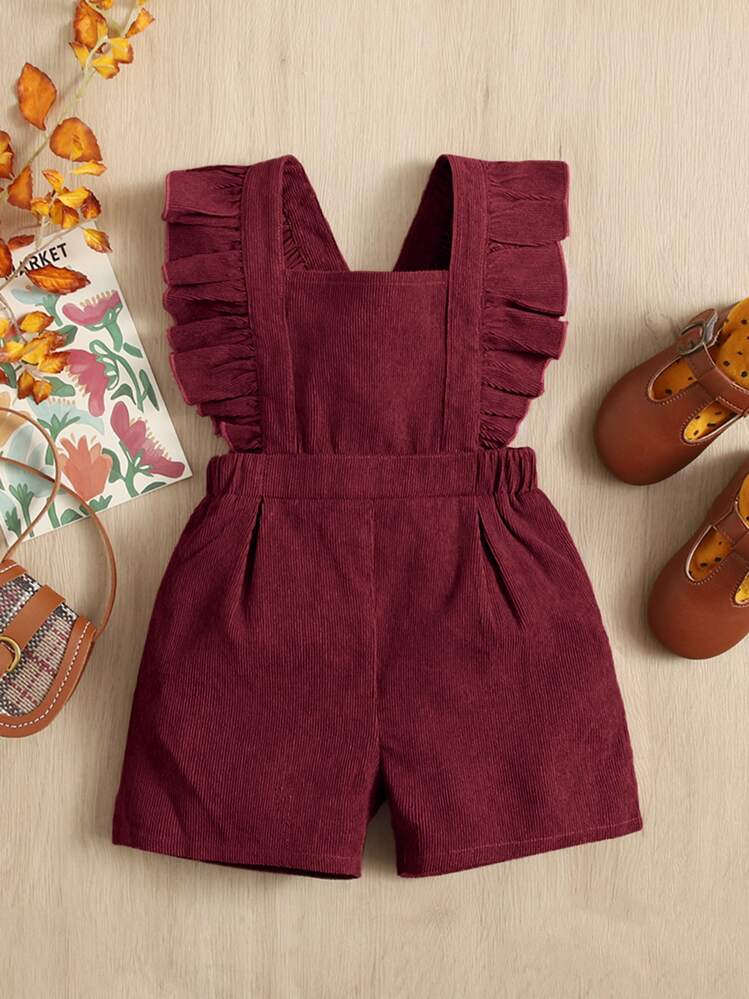 SHEIN Macacão De Bebê Para Menina Com Decote Quadrado Com Babados E Costas Cruzadas - Vinho - Visão 1