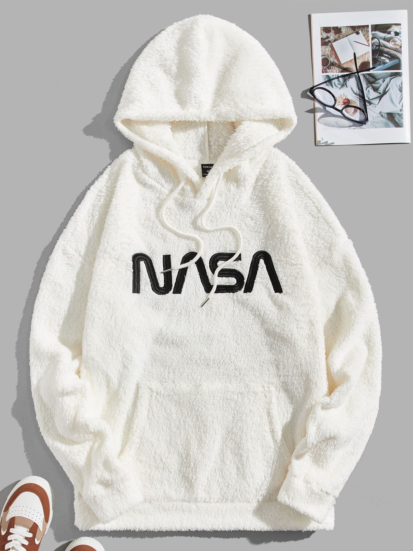 Manfinity Men Letter Embroidery Kangaroo Pocket Drawstring Teddy Hoodie - White - View 1