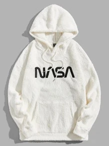 Manfinity Men Letter Embroidery Kangaroo Pocket Drawstring Teddy Hoodie - White - View 4