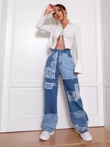 SHEIN EZwear Jeans tipo boyfriend con estampado de paisley con estampado de retazo