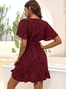 SHEIN Unity 滿版印花蝴蝶袖圍裹荷葉邊連衣裙 - 酒紅色 - 查看 2