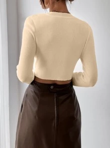 SHEIN Essnce Solid Ribbed Knit Crop Sweater - Apricot - View 2