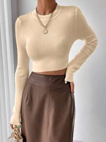 SHEIN Essnce Solid Ribbed Knit Crop Sweater - Apricot - View 4