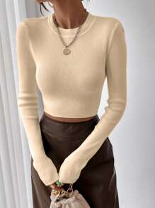 SHEIN Essnce Solid Ribbed Knit Crop Sweater - Apricot - View 5
