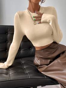 SHEIN Essnce Solid Ribbed Knit Crop Sweater - Apricot - View 6