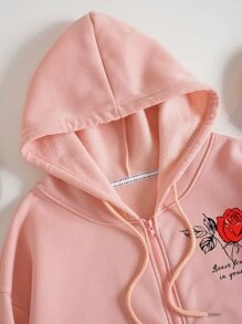INAWLY Hoodie Đồ họa hoa và khẩu hiệu Dây kéo Lót nhiệt Dây rút - Màu Hồng baby - Xem 8