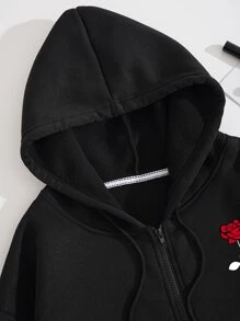 Áo hoodie có khóa kéo in hoa, áo dài tay - màu đen - Xem 3