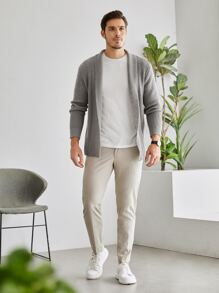 Manfinity Homme Men Solid Ribbed Knit Duster Cardigan - Grey - View 3