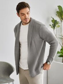 Manfinity Homme Men Solid Ribbed Knit Duster Cardigan - Grey - View 5
