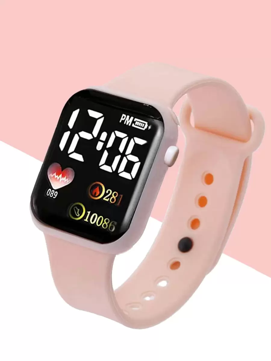 粉色表带LED显示屏方形电子表作为返校学生的礼物