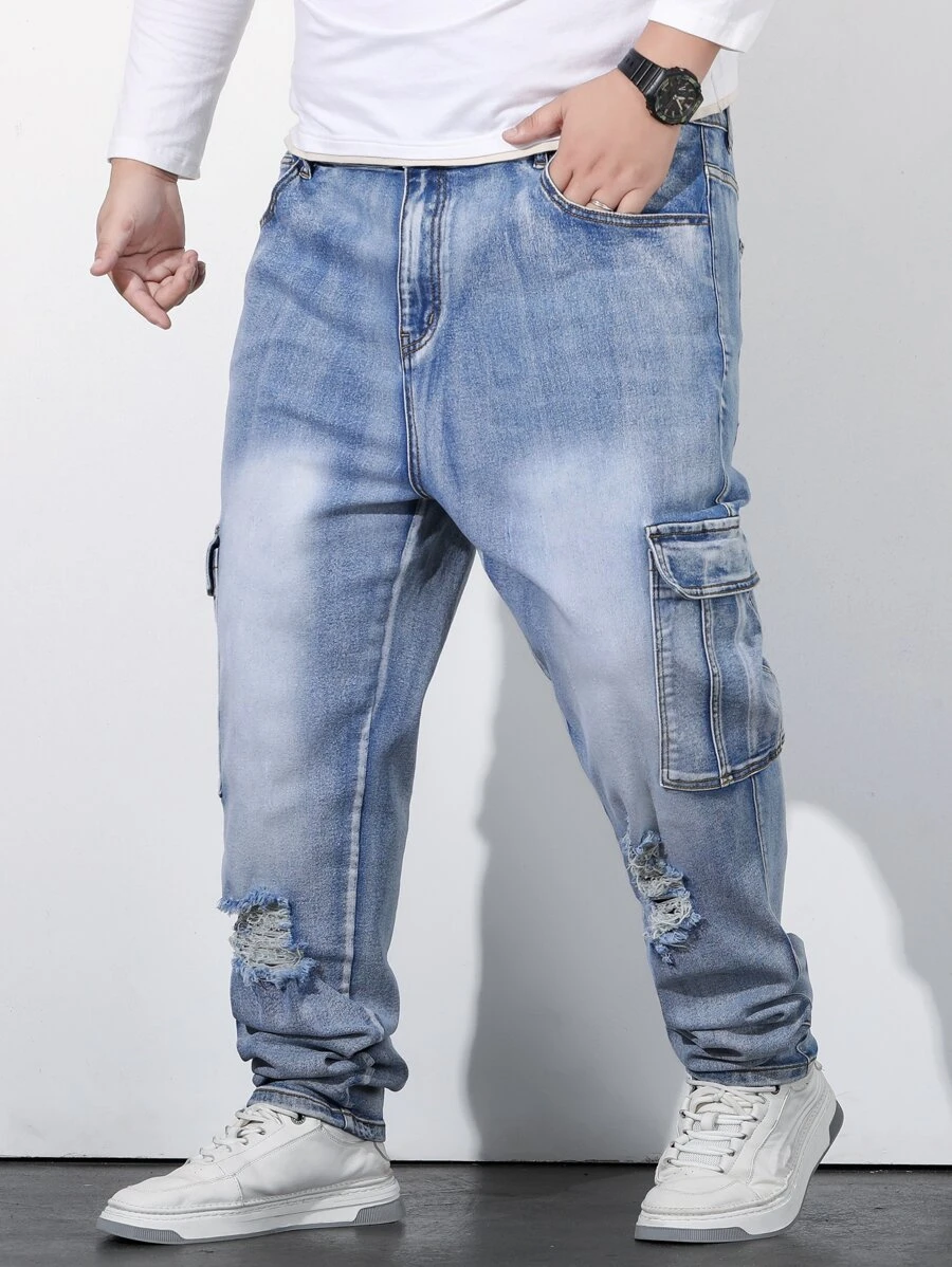 Manfinity Hombres Jeans cargo desgarro con bolsillo lateral con solapa - Lavado ligero - Ver 1