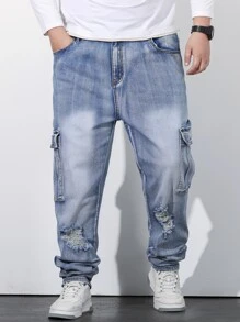 Manfinity Hombres Jeans cargo desgarro con bolsillo lateral con solapa - Lavado ligero - Ver 4