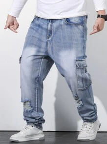 Manfinity Hombres Jeans cargo desgarro con bolsillo lateral con solapa - Lavado ligero - Ver 7