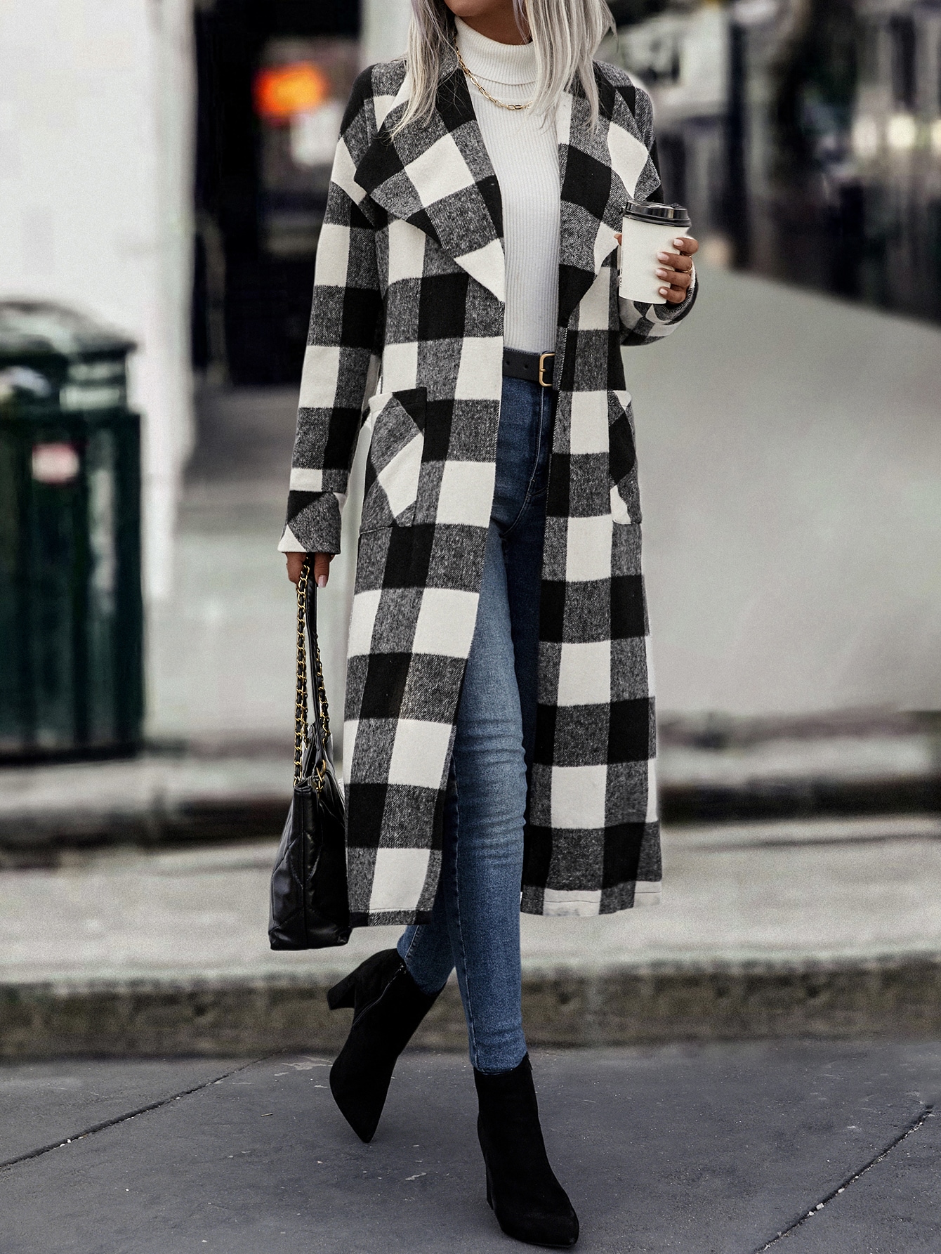 Buffalo Plaid Waterfall Collar Belted Overcoat SHEIN USA