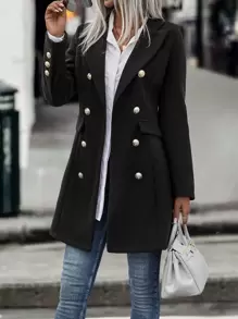 SHEIN Clasi Lapel Neck Double Breasted Overcoat - Black - View 3