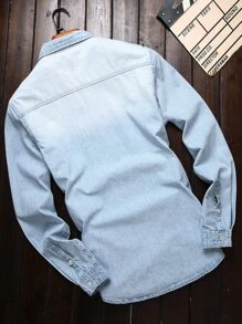 Manfinity Homme Men Cotton Flap Pocket Washed Denim Shirt Without Tee - Light Wash - View 2