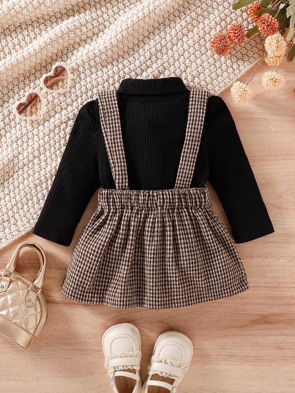Baby Girl Puff Sleeve Bodysuit & Houndstooth Print Suspender Skirt Autumn Fall