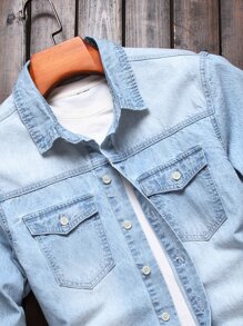 Manfinity Homme Men Cotton Flap Pocket Washed Denim Shirt Without Tee - Light Wash - View 3