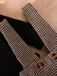 SHEIN Baby Girl Puff Sleeve Bodysuit & Houndstooth Print Suspender Skirt - Multicolor - View 5