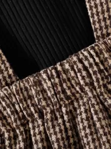 SHEIN Baby Girl Puff Sleeve Bodysuit & Houndstooth Print Suspender Skirt - Multicolor - View 6