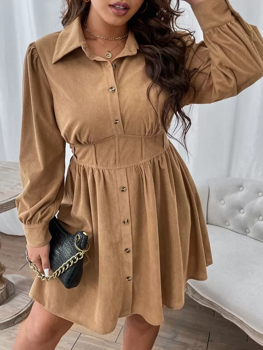 Flirla 加灯笼袖衬衫裙，适合冬季灯芯绒女装