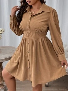 Flirla 加灯笼袖衬衫裙，适合冬季灯芯绒女装