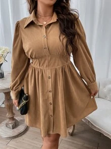 Flirla 加灯笼袖衬衫裙，适合冬季灯芯绒女装