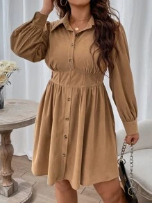 Flirla 加灯笼袖衬衫裙，适合冬季灯芯绒女装