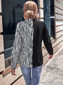 SHEIN LUNE 斑馬條紋拼塊前排扣襯衫