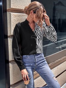 SHEIN LUNE 斑馬條紋拼塊前排扣襯衫