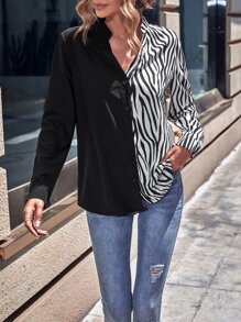 SHEIN LUNE 斑馬條紋拼塊前排扣襯衫