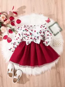 Bebé Vestido con estampado floral con lazo delantero ribete con fruncido - Rojo y blanco - Ver 1