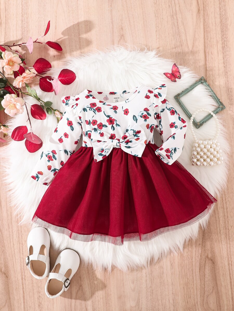 Bebé Vestido con estampado floral con lazo delantero ribete con fruncido - Rojo y blanco - Ver 1
