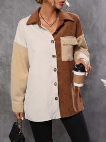 Colorblock Drop Shoulder Flap Pocket Coat - Multicolor - View 1