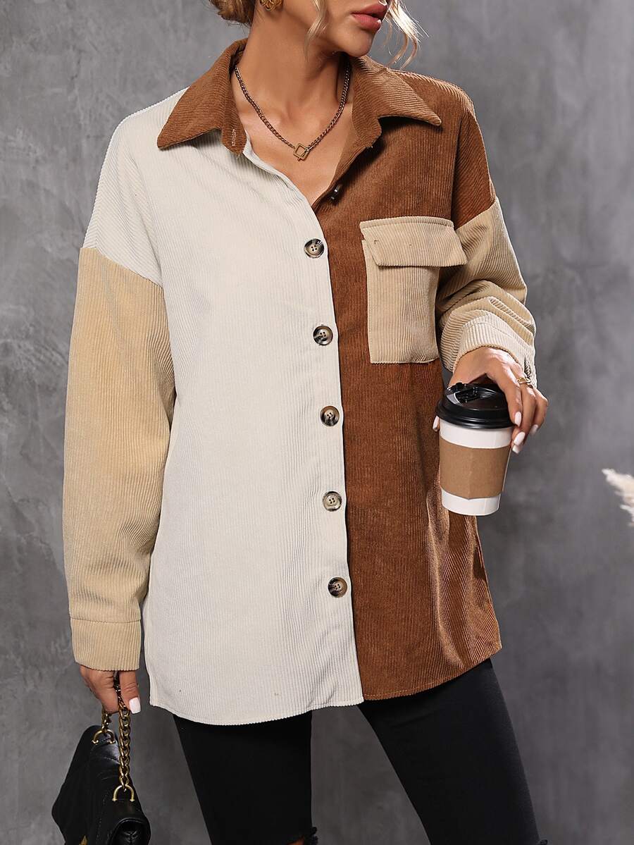Colorblock Drop Shoulder Flap Pocket Coat - Multicolor - View 1
