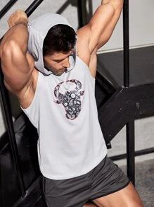 Fitness Men Cattle Head Print Hooded Sports Tank Top Workout Tops - Light Grey - View 1