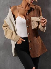 Colorblock Drop Shoulder Flap Pocket Coat - Multicolor - View 5