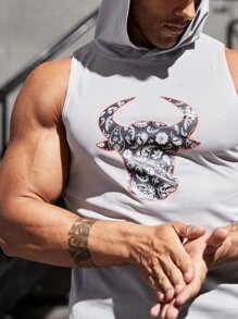 Fitness Men Cattle Head Print Hooded Sports Tank Top Workout Tops - Light Grey - View 3