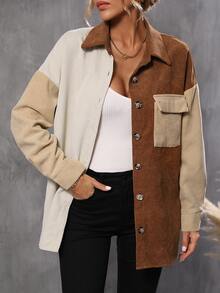 Colorblock Drop Shoulder Flap Pocket Coat - Multicolor - View 6