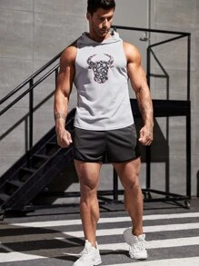 Fitness Men Cattle Head Print Hooded Sports Tank Top Workout Tops - Light Grey - View 4