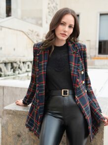 SHEIN LUNE Blazer con cuello de solapa y flecos con estampado de tartán para otoño/invierno - Multicolor - Ver 1