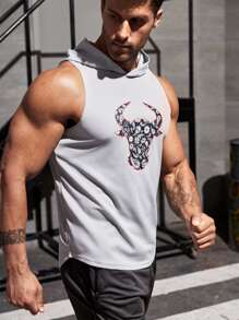Fitness Men Cattle Head Print Hooded Sports Tank Top Workout Tops - Light Grey - View 5