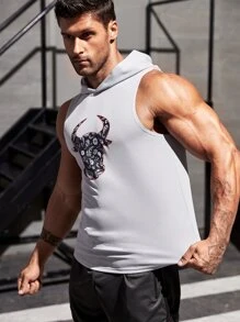Fitness Men Cattle Head Print Hooded Sports Tank Top Workout Tops - Light Grey - View 6